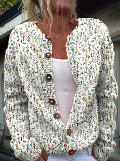 Frühlingshafte Blumenmuster Knopf-Cardigan Pullover