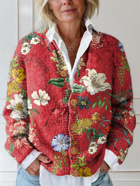 Retro Floral Art Print Women's Button-Up Cardigan Sweater