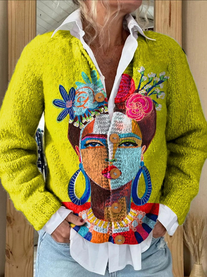 Freda Portrait Oil Painting Art Print | Button Cardigan Sweater