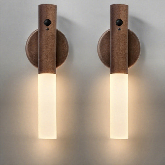 2/4pcs Motion-Activated LED Wall Sconces, Wooden Rechargeable Wall Lamp Night Lights with Magnetic Adhesive Mounting Accessories, Rechargeable Stick-On Lamps for Bedroom, Cabinets, Stairs, Hallway, Ideal for Halloween, Christmas, Thanksgiving Decor