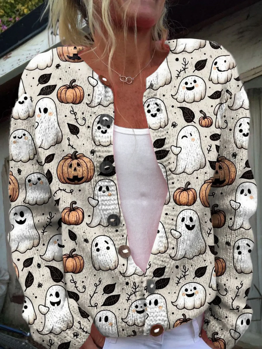 Verspielter Geist Halloween | Kunstdruck | Knopf-Cardigan
