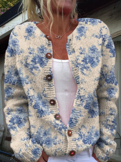 Frauen Floral Druck Cardigan mit Knöpfen – Liebevoller Pullover