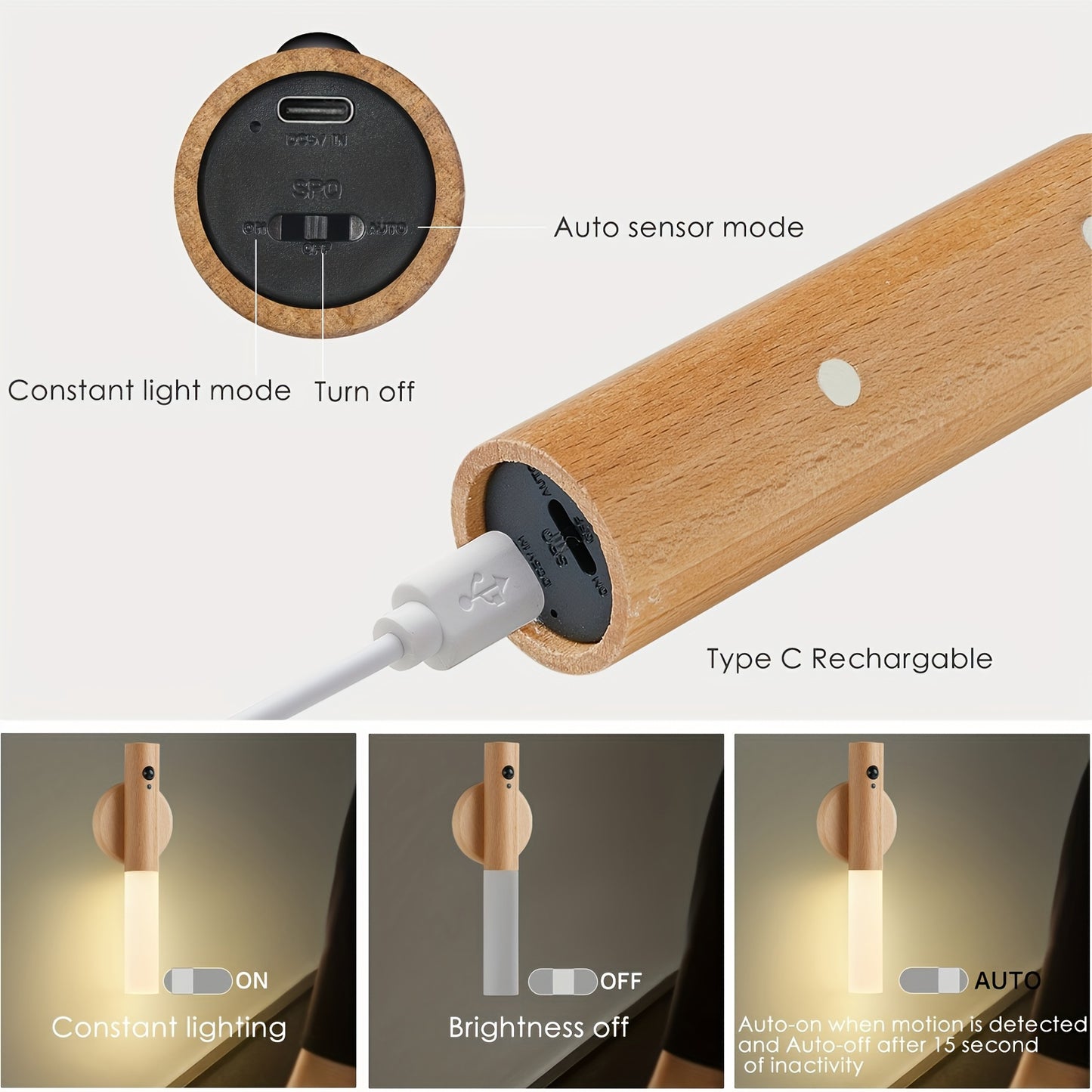 2/4pcs Motion-Activated LED Wall Sconces, Wooden Rechargeable Wall Lamp Night Lights with Magnetic Adhesive Mounting Accessories, Rechargeable Stick-On Lamps for Bedroom, Cabinets, Stairs, Hallway, Ideal for Halloween, Christmas, Thanksgiving Decor