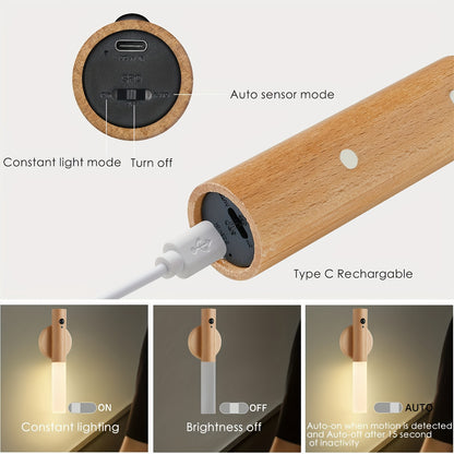 2/4pcs Motion-Activated LED Wall Sconces, Wooden Rechargeable Wall Lamp Night Lights with Magnetic Adhesive Mounting Accessories, Rechargeable Stick-On Lamps for Bedroom, Cabinets, Stairs, Hallway, Ideal for Halloween, Christmas, Thanksgiving Decor