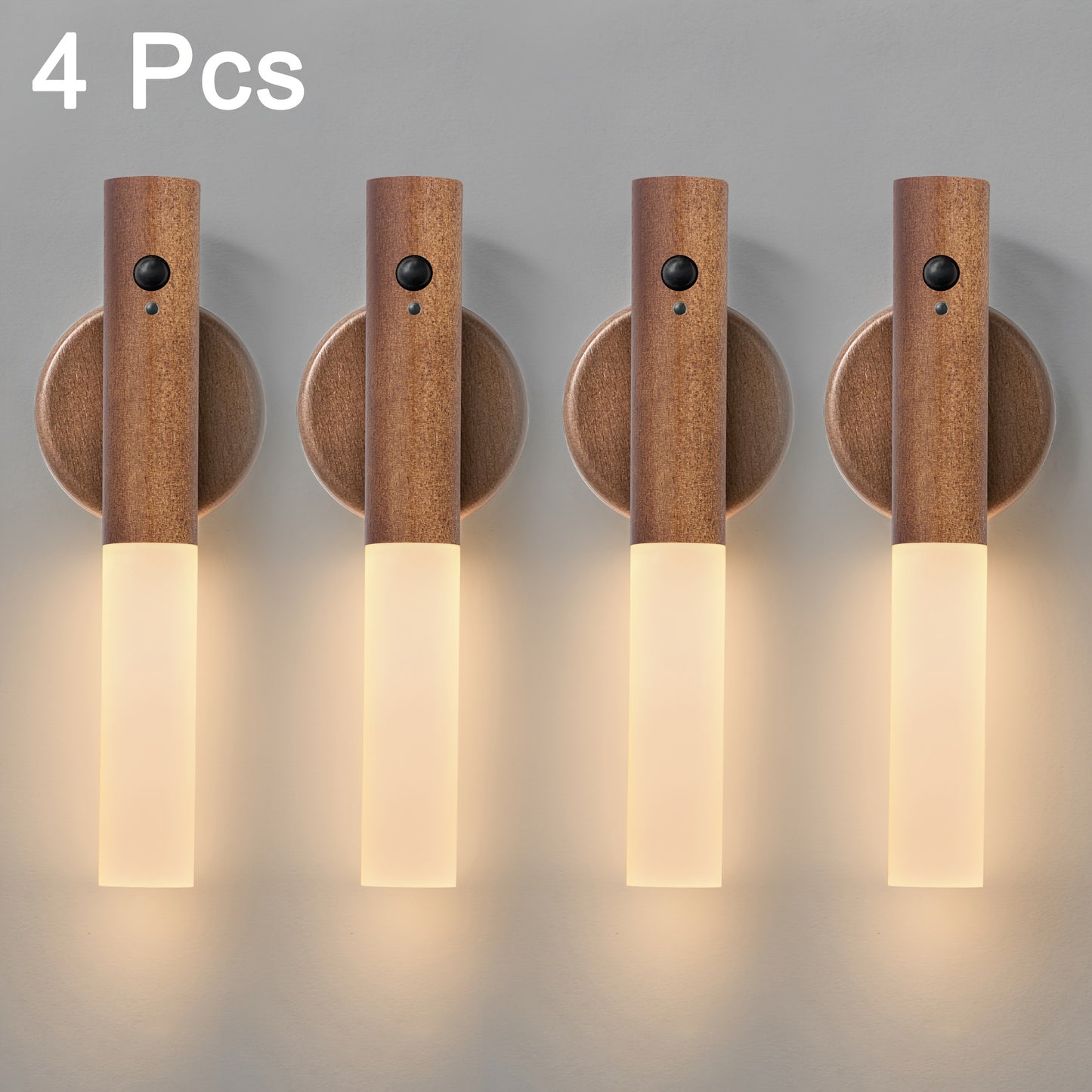2/4pcs Motion-Activated LED Wall Sconces, Wooden Rechargeable Wall Lamp Night Lights with Magnetic Adhesive Mounting Accessories, Rechargeable Stick-On Lamps for Bedroom, Cabinets, Stairs, Hallway, Ideal for Halloween, Christmas, Thanksgiving Decor