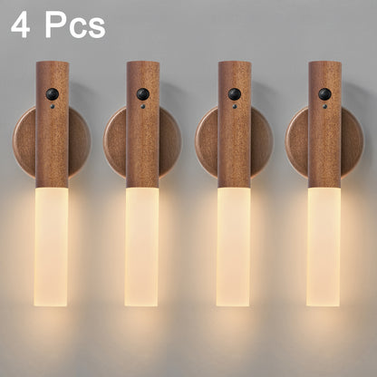 2/4pcs Motion-Activated LED Wall Sconces, Wooden Rechargeable Wall Lamp Night Lights with Magnetic Adhesive Mounting Accessories, Rechargeable Stick-On Lamps for Bedroom, Cabinets, Stairs, Hallway, Ideal for Halloween, Christmas, Thanksgiving Decor