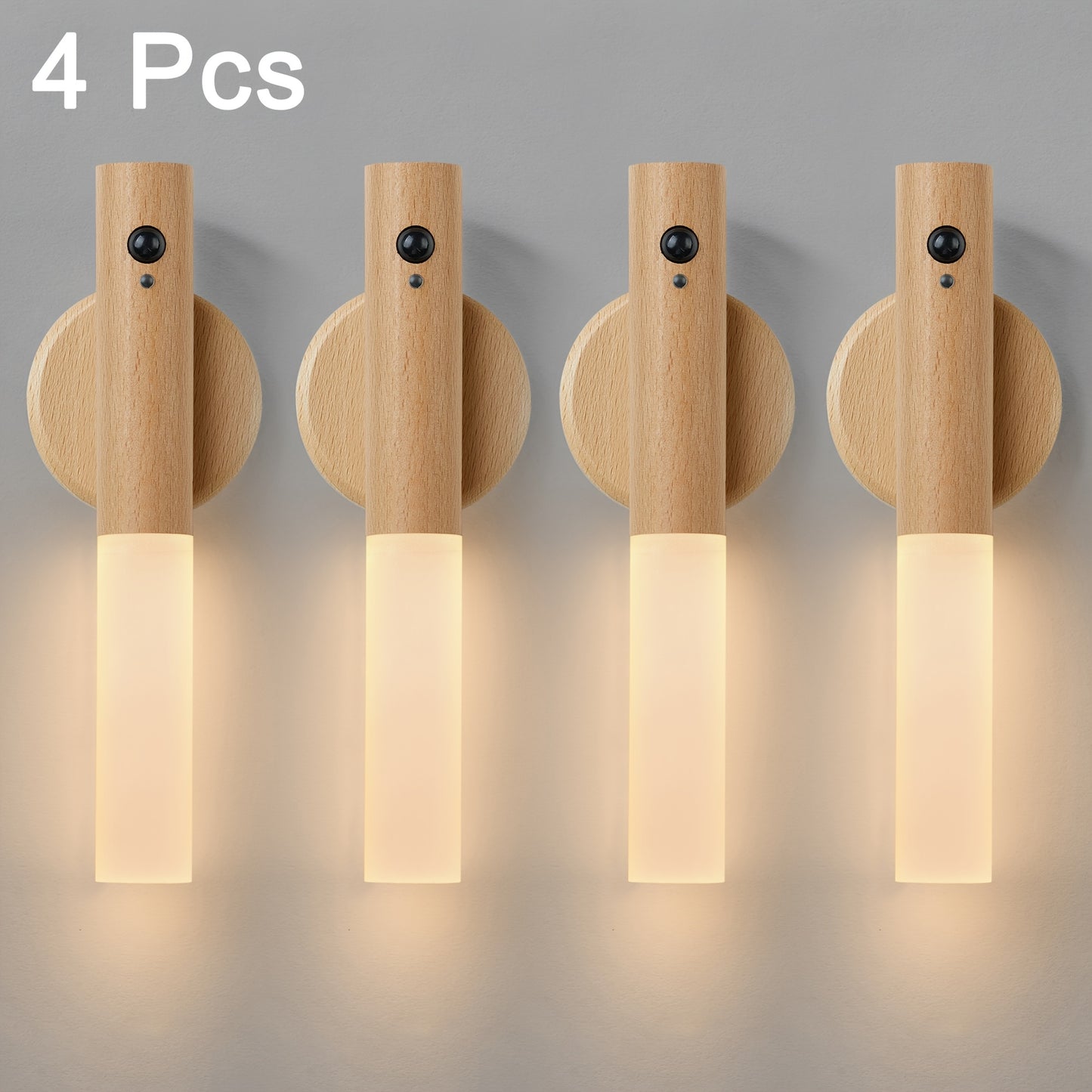 2/4pcs Motion-Activated LED Wall Sconces, Wooden Rechargeable Wall Lamp Night Lights with Magnetic Adhesive Mounting Accessories, Rechargeable Stick-On Lamps for Bedroom, Cabinets, Stairs, Hallway, Ideal for Halloween, Christmas, Thanksgiving Decor