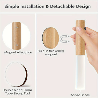 2/4pcs Motion-Activated LED Wall Sconces, Wooden Rechargeable Wall Lamp Night Lights with Magnetic Adhesive Mounting Accessories, Rechargeable Stick-On Lamps for Bedroom, Cabinets, Stairs, Hallway, Ideal for Halloween, Christmas, Thanksgiving Decor