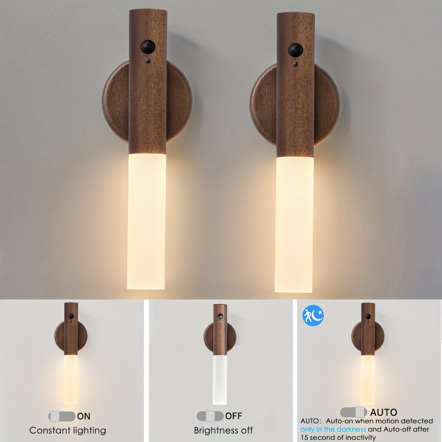 2/4pcs Motion-Activated LED Wall Sconces, Wooden Rechargeable Wall Lamp Night Lights with Magnetic Adhesive Mounting Accessories, Rechargeable Stick-On Lamps for Bedroom, Cabinets, Stairs, Hallway, Ideal for Halloween, Christmas, Thanksgiving Decor