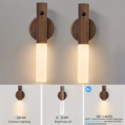 2/4pcs Motion-Activated LED Wall Sconces, Wooden Rechargeable Wall Lamp Night Lights with Magnetic Adhesive Mounting Accessories, Rechargeable Stick-On Lamps for Bedroom, Cabinets, Stairs, Hallway, Ideal for Halloween, Christmas, Thanksgiving Decor