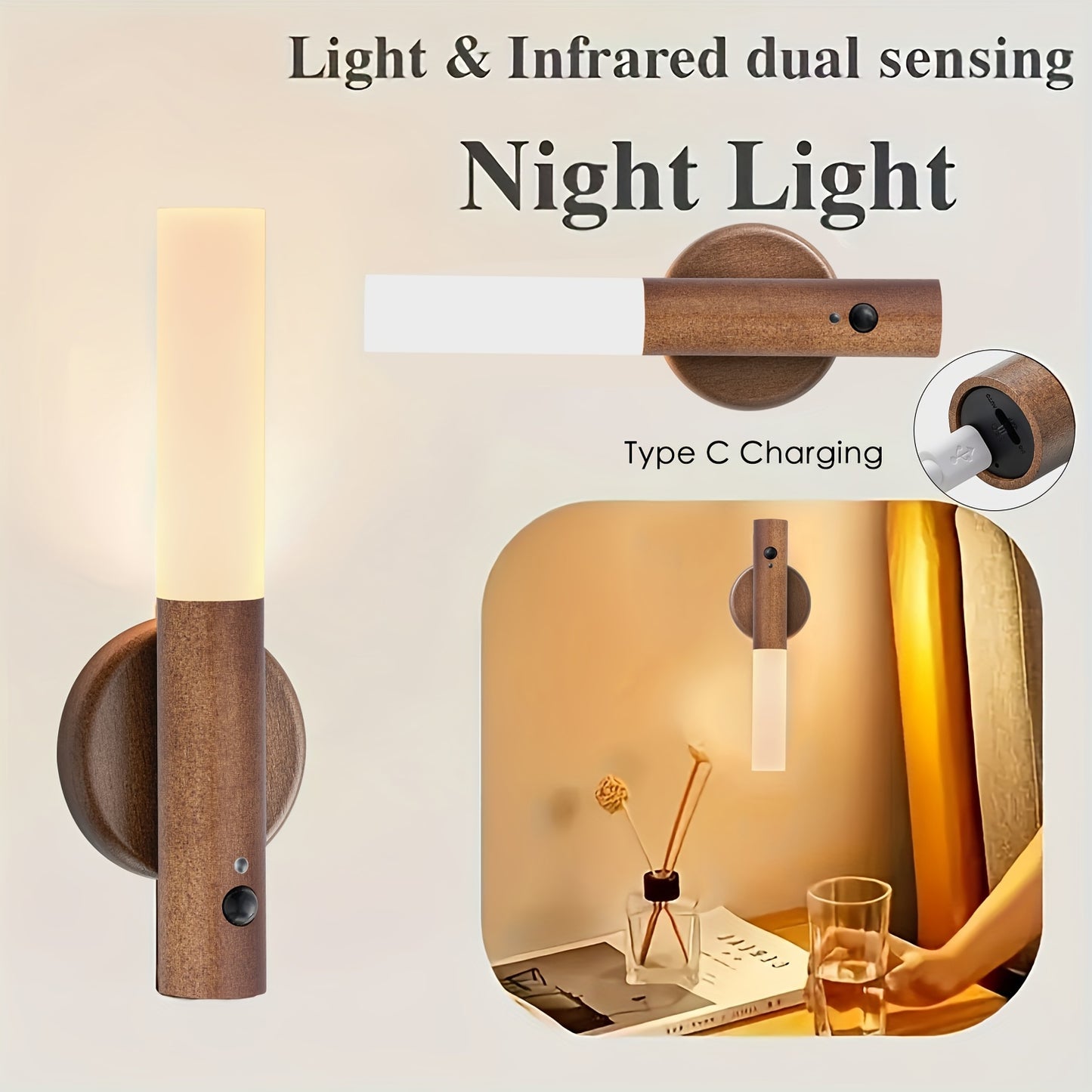 2/4pcs Motion-Activated LED Wall Sconces, Wooden Rechargeable Wall Lamp Night Lights with Magnetic Adhesive Mounting Accessories, Rechargeable Stick-On Lamps for Bedroom, Cabinets, Stairs, Hallway, Ideal for Halloween, Christmas, Thanksgiving Decor