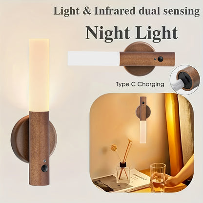 2/4pcs Motion-Activated LED Wall Sconces, Wooden Rechargeable Wall Lamp Night Lights with Magnetic Adhesive Mounting Accessories, Rechargeable Stick-On Lamps for Bedroom, Cabinets, Stairs, Hallway, Ideal for Halloween, Christmas, Thanksgiving Decor