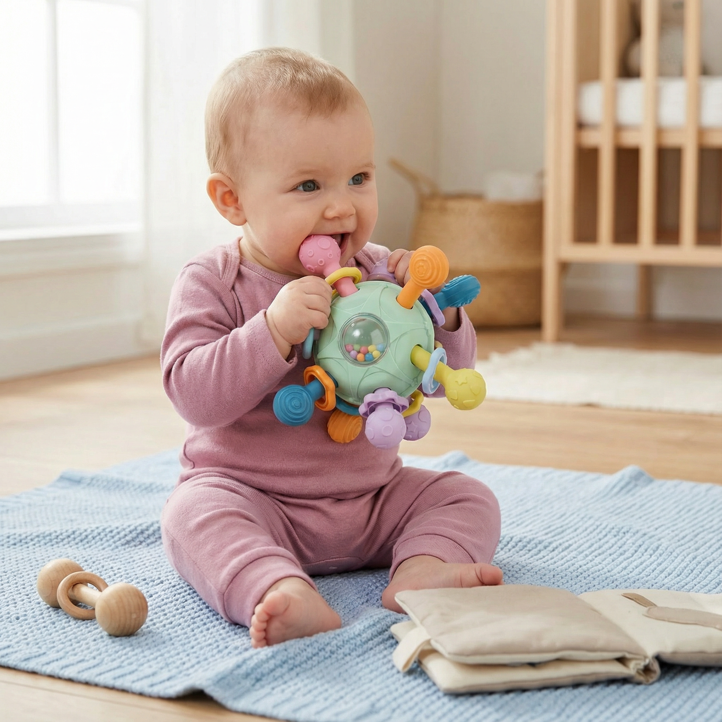 Sensorischer Baby-Greifball mit Silikon Beißhilfe und Rassel