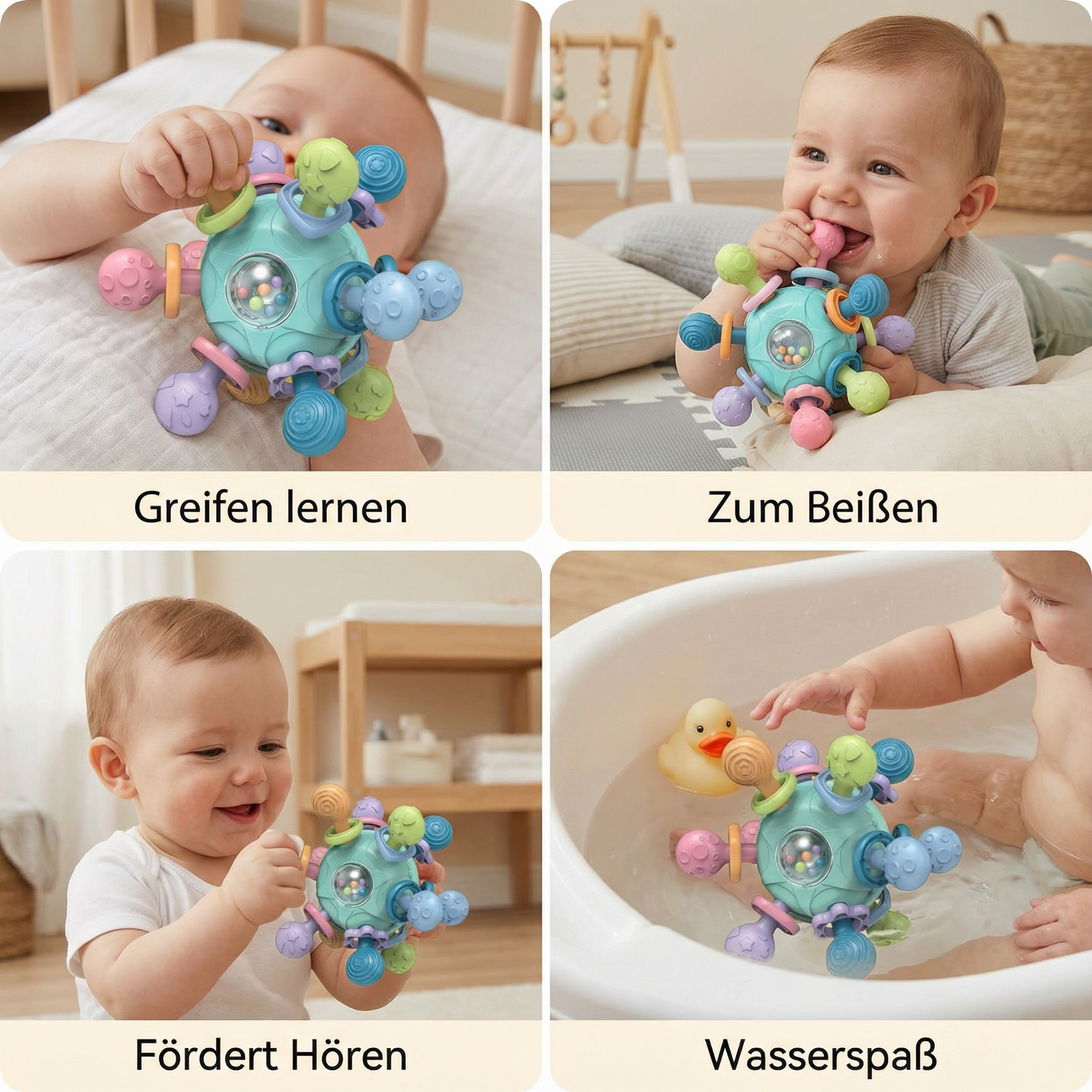 Sensorischer Baby-Greifball mit Silikon Beißhilfe und Rassel